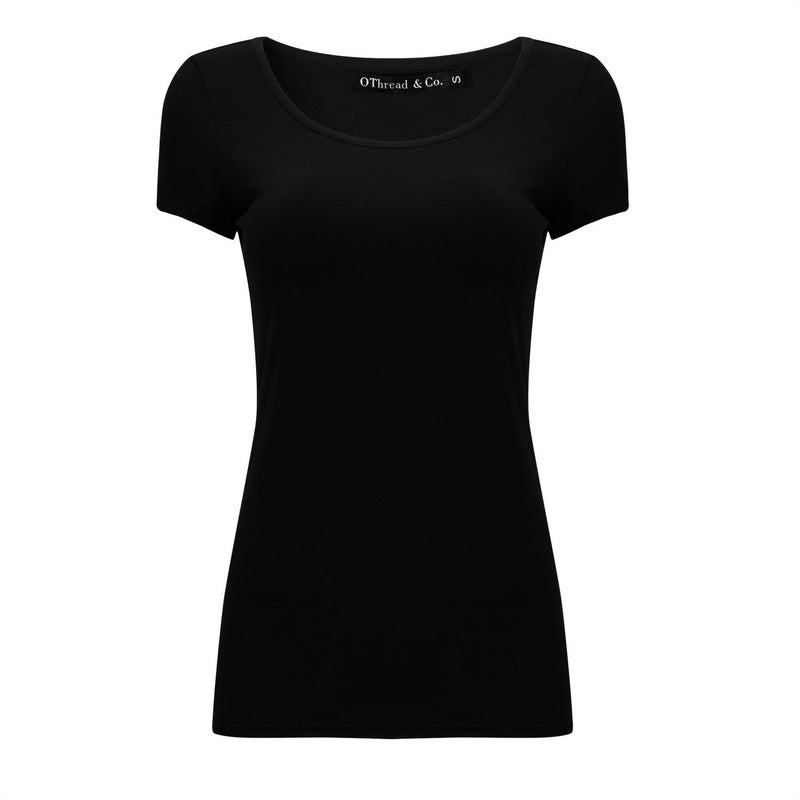 OThread & Co. Women's Short Sleeve T-Shirt Scoop Neck Basic Layer Stretchy Shirts (Medium, Black) - Image 1